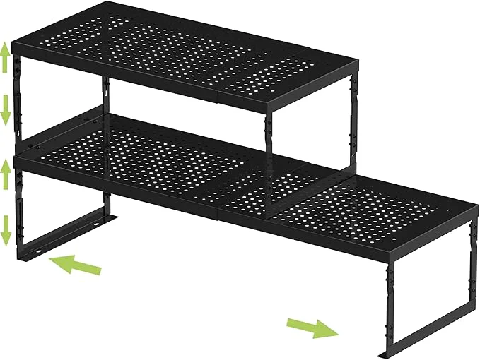 Outstanding Adjustable Stackable Metal Storage Shelf Organizer - Expandable Wire Rack with Perforations for Kitchen Pantry Bathroom Cabinet Office-Compact Durable Sturdy 2PACKS Medium Black About ThisOverview Exclusive
