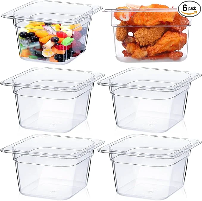 Premium Yinder 6 Pcs Plastic Clear Food Pans 1 6 Size Stackable Polycarbonate Food Containers with Capacity Indicator Restaurant Commercial Hotel Pan for Fruits Vegetables Beans Corns 4'' Deep About ThisOverview Effective