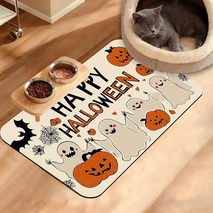 Comfortable Pumpking Bat Dog Cat Food Mat Halloween Absorbent Waterproof Placemat Premium