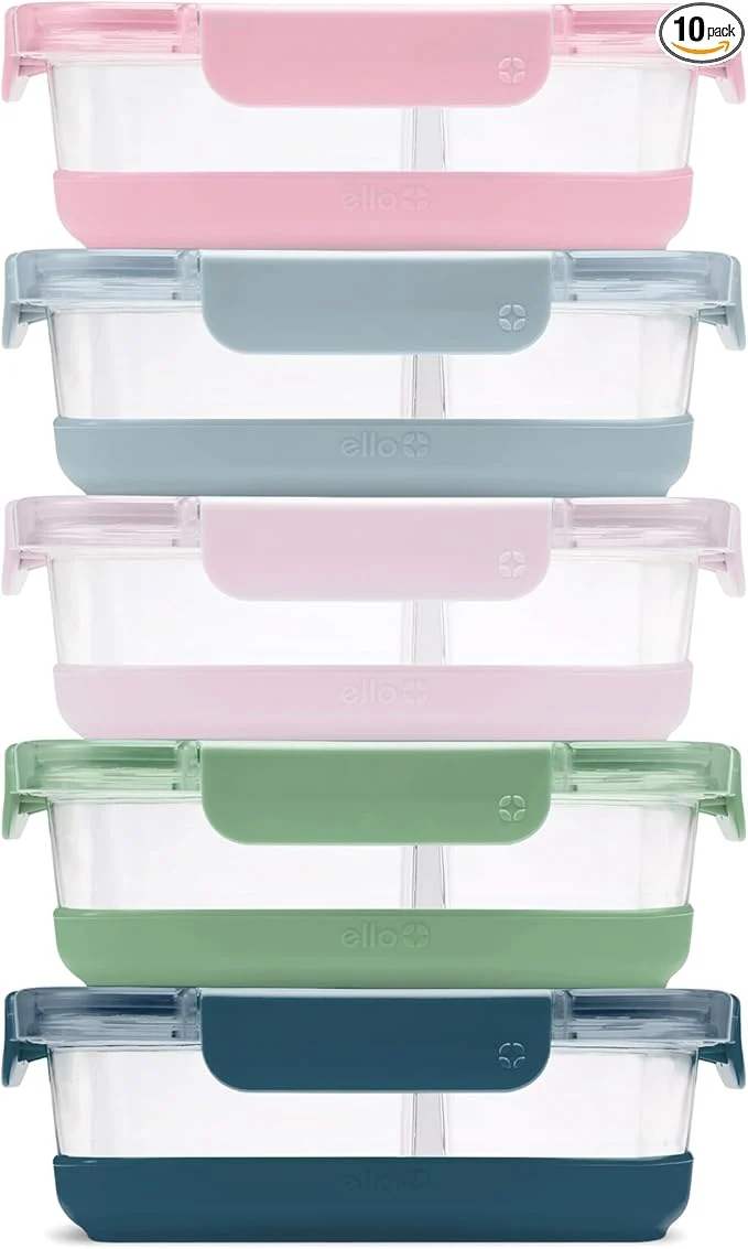Specialty Ello Duraglass Refresh 3.4 Cup Divided Meal Prep Set 10Pc 5 Pack 2 Compartment Glass Food Storage Container with Silicone Boot and Airtight BPA- Plastic Lids Dishwasher Microwave Safe GladeAbout ThisOverview Pure