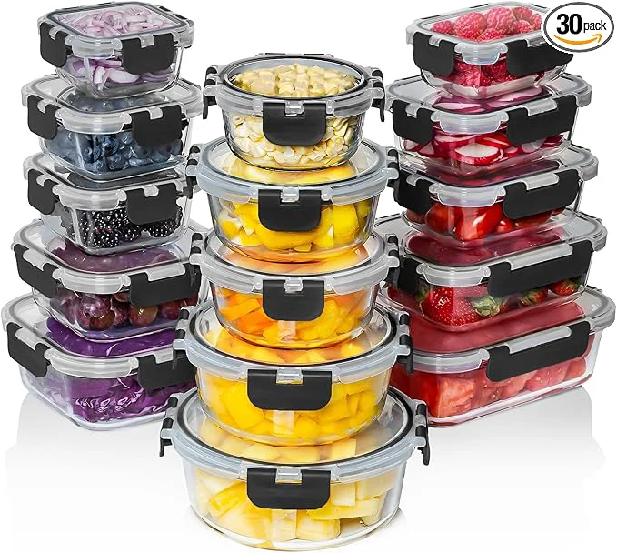 Recyclable Razab 30 PC Glass Food Storage Containers with Lids - Reusable Glass Meal Prep Containers for Lunch and Leftovers - Airtight Leakproof Snap Locking Lids - Oven zer Microwave Dishwasher SafeAbout ThisOverview Refined