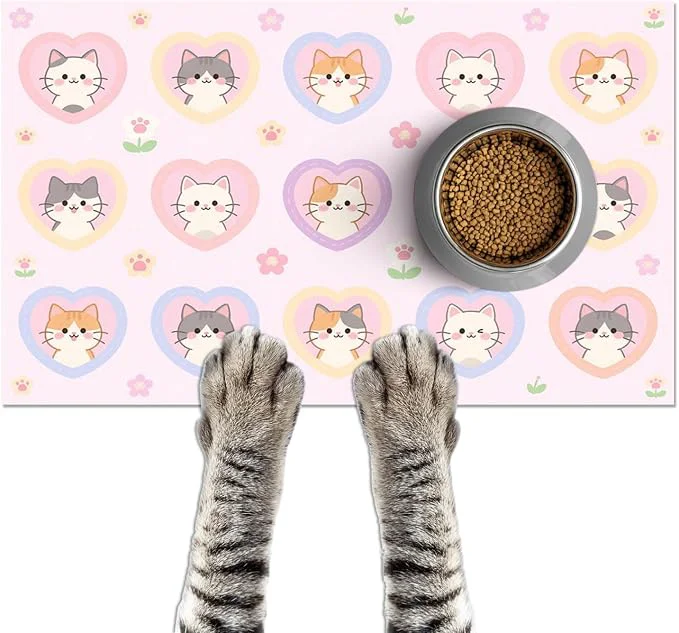 Minimalist Cat Feedings Mats 20x12 inch Pink Heart Kitten Print Pet Bowl Placemat Non Slip Smooth