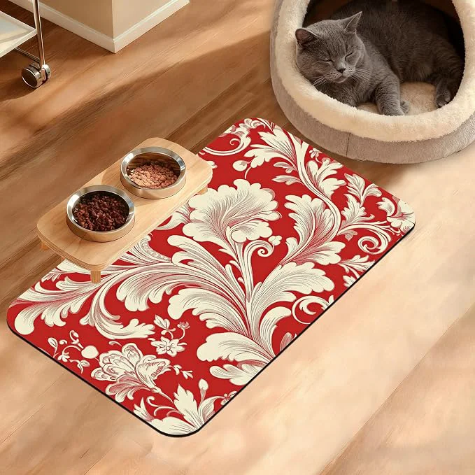 Easy-to-Use Red White Flower Feeding Mat Paisley Absorbent Quick-Dry Cat Dog Food and Contemporary