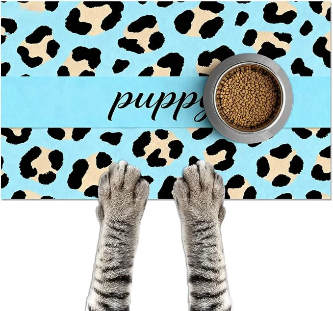 Verified Puppy Feeding Mat 20x12 inch Blue Leopard Print Dog Bowl Placemat Non Slip Mat Artisan
