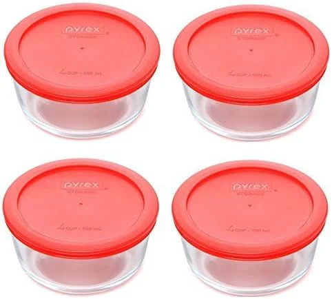 Versatile Pyrex 4 7201 4-Cup Clear Glass Bowls and 4 7201-PC Red Plastic Lids - Made in USAAbout ThisOverview Advanced