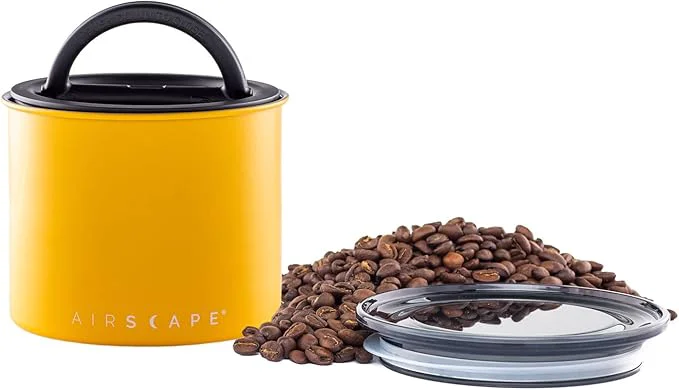 Carefully Designed Planetary Design Airscape Stainless Steel Coffee Canister Food Storage Container US Patented Airtight Lid Push Out Excess Air Preserve Food Freshness Small Matte Yellow About ThisOverview Exceptional