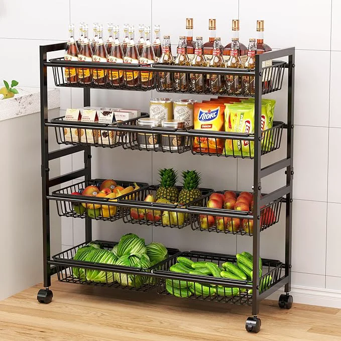 Smart Cinati 4-Tier Snack Cart with Wheels 29''W Toy Storage Organizer Rolling Pantry Storage Cart with 10 Wire Baskets Handle Adjustable Metal Snack Rack Kitchen Organizer for Fruit Vegetables Black About ThisOverview High-Quality