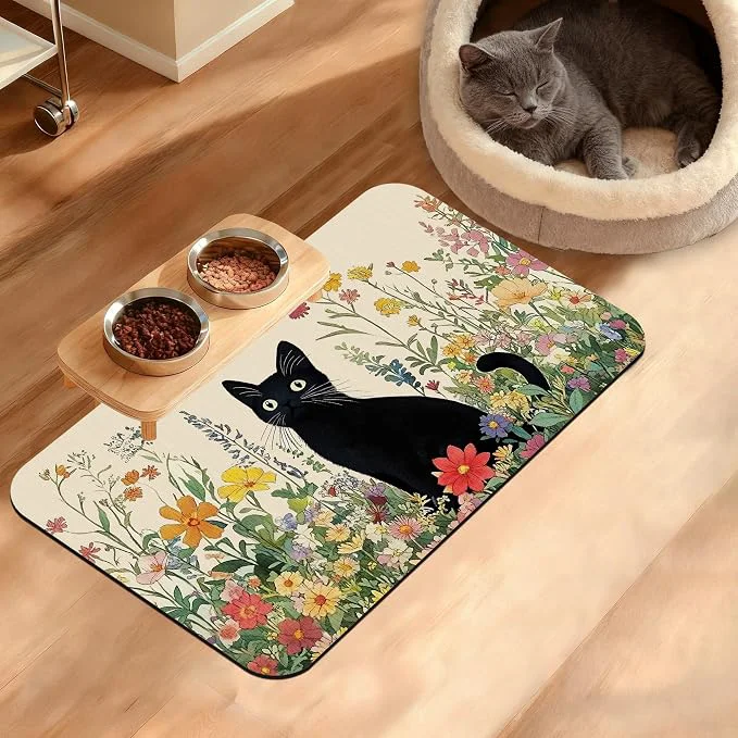 Contemporary Dog Bowl Mat Cat Black Pet Feeding Mat Sustainable