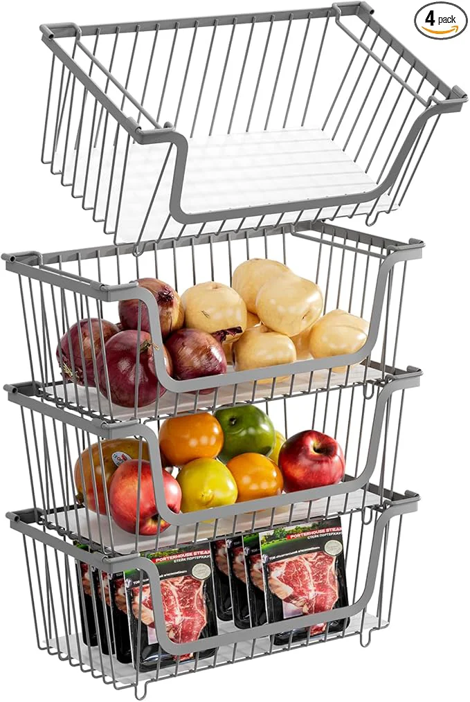 Refined 4 Pcs Stackable Wire Baskets for Pantry Organizers and Storage Vegetable Fruit Basket for Countertop Kitchen Storage Metal Baskets Produce Potato Onion Storage Bin GrayAbout ThisOverview Secure