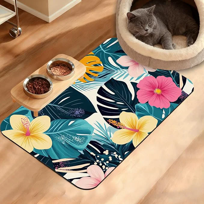 Natural Tropical Palm Dog Food Mat Exotic Leaves Floral Absorbent Pet Feeding Mat User-Friendly