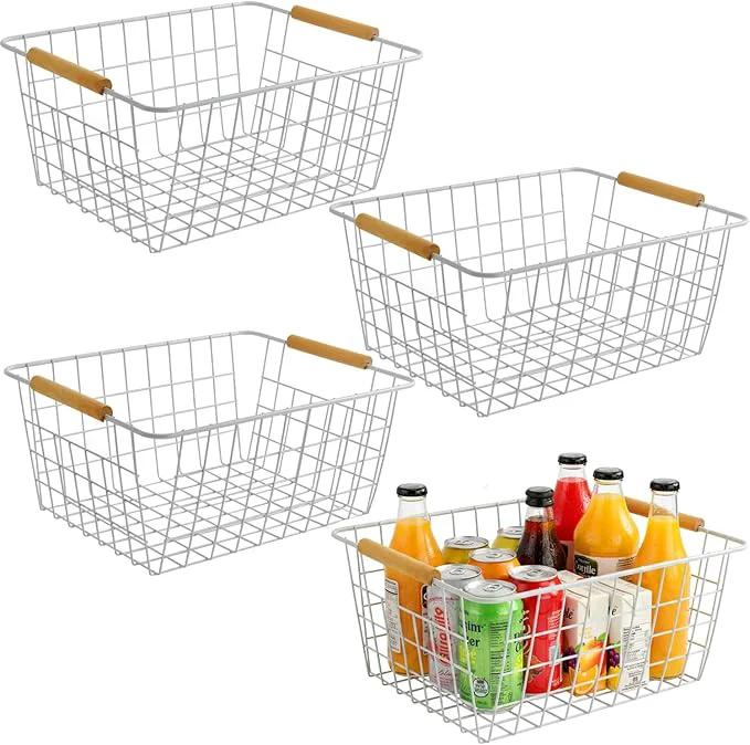 Relaxed 4 Pack White Metal Wire Food Storage Basket Organizer with Wooden Handles for Organizing Kitchen Cabinets LargeAbout ThisOverview Top-Quality