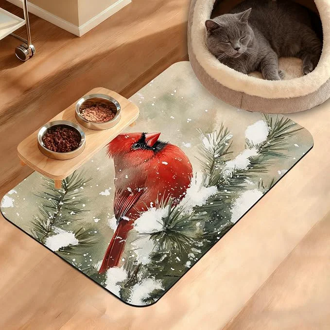 Official Pet Feeding Mat Cardinal Bird Absorbent Dog Cat Food Mat Christmas Dog Mat Long-Lasting