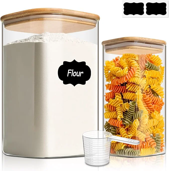 Certified ComSaf Glass Pantry Storage Containers 4.6Qt 1.6Qt Large Square Flour and Sugar Containers with Airtight Lids 1.2 Gallon Glass Jars with Bamboo Lids for Rice Pasta Cookies Coffee BeansAbout ThisOverview Natural