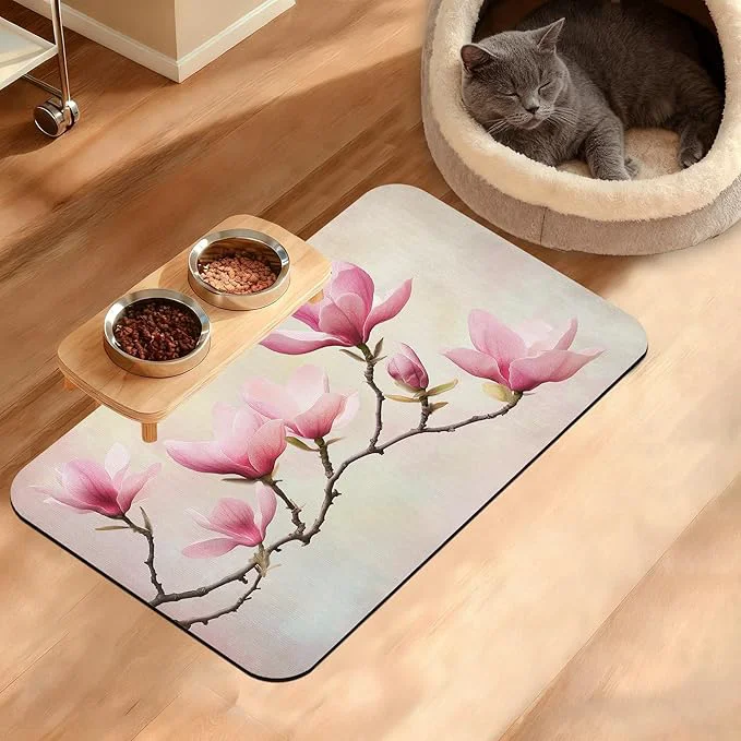 Powerful Pink Magnolia Feeding Mat Vintage Flowers Absorbent Quick-Dry Cat Dog Food and Sophisticated