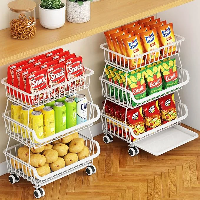 Prestigious 3-Tier Rolling Pantry Cart with Wheels Stackable Wire Storage Floor Organizer for Kitchen Pantry Snack Shelves Fruit Basket Stand Vegetable Storage Rack for Food Snacks Onion Potato WhiteAbout ThisOverview Soft