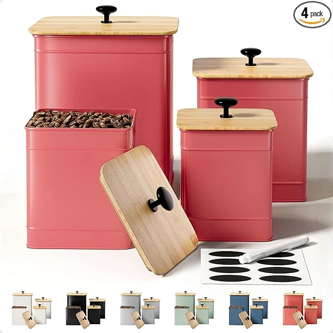 Flexible Kitchen Canisters for Countertop Set of 4 with Customizable Chalkboard Labels Marker Pen - Big Iron Kitchen Canister Set with Airtight Lids - Red Canisters - Sugar Tea Coffee Containers SetsAbout ThisOverview Optimized