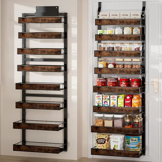 Top-Quality 8 Tier Over The Door Pantry Orangizer 2 IN 1 Wall Mounted or Hanging Spice Rack with Adjustable Wood Basket Heavy Duty Seasoning Storage Shelf for Kitchen Pantry and BathroomAbout ThisOverview Sophisticated
