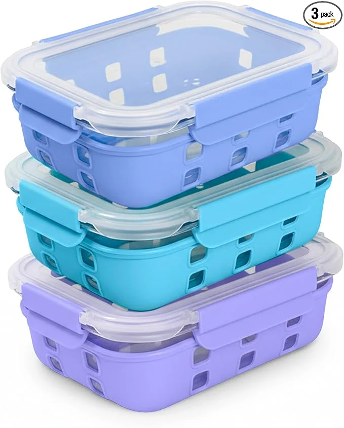 Solid ECOBERI 4.5 Cup Glass Meal Prep Containers with Lids Silicone Sleeves 3-Pack Airtight Leak-Resistant Food Storage Containers for Fridge zer Oven MicrowaveAbout ThisOverview Quality
