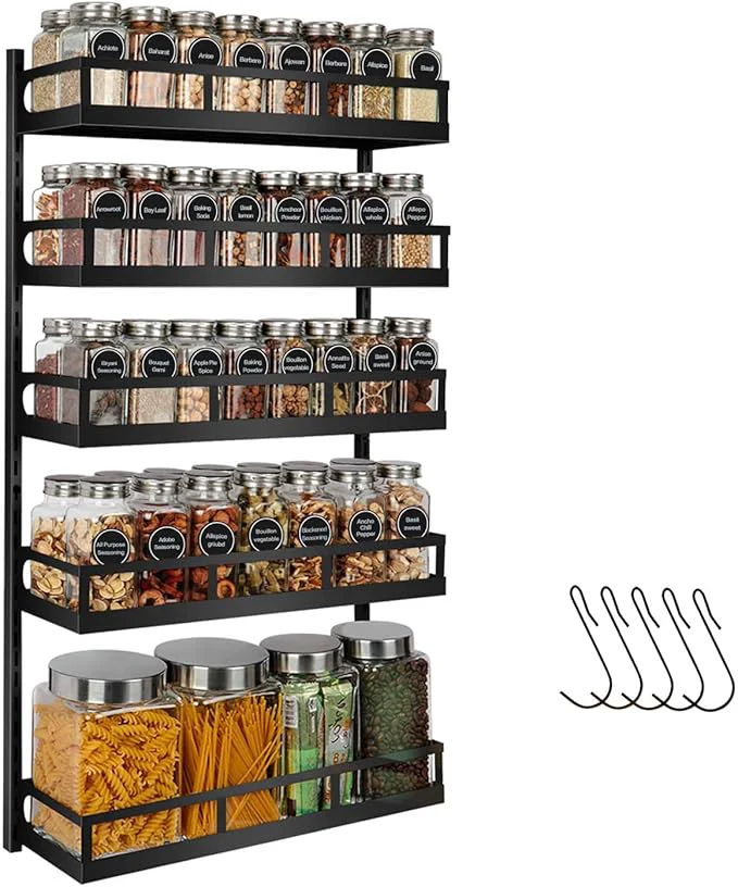Sustainable X-cosrack Wall Mount Spice Rack Organizer 5 Tier Height-Adjustable Hanging Spice Shelf Storage for Kitchen Pantry Cabinet Dual-Use Seasoning Holder Rack with Hooks Black-PatentedAbout ThisOverview Stylish