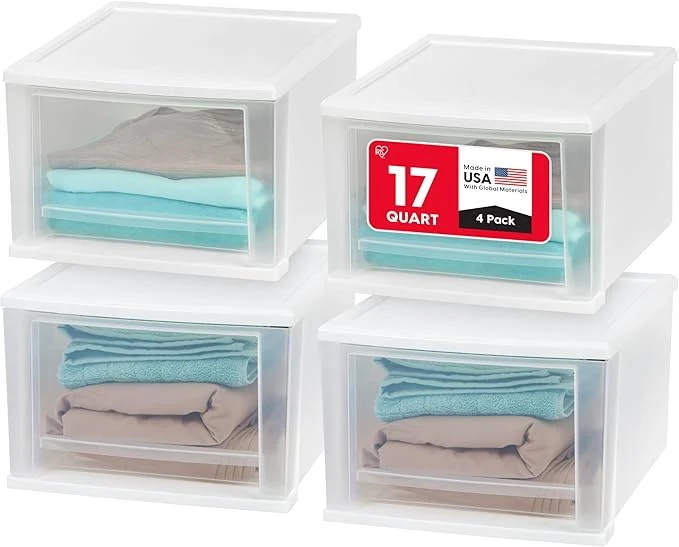 Fashionable IRIS USA 17 Qt. Medium Plastic Stacking Drawer Stackable Storage Organizer Unit with Sliding Drawer for Bedroom Kitchen Under Sink Pantry Craft Room Dorm Office White 4-PackAbout ThisOverview Efficient