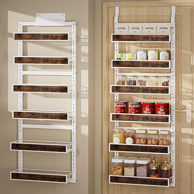 Fashionable 6 Tier Over The Door Pantry Orangizer 2 IN 1 Wall Mounted or Hanging Spice Rack with Adjustable Wood Basket Heavy Duty Seasoning Storage Shelf for Kitchen Pantry and BathroomAbout ThisOverview Eco-Friendly