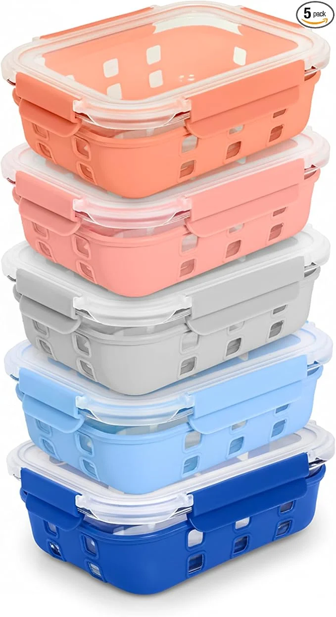 Clean ECOBERI 4.5 Cup Glass Meal Prep Containers with Lids Silicone Sleeves 5-Pack Airtight Leak-Resistant Food Storage Containers for Fridge zer Oven MicrowaveAbout ThisOverview Selected
