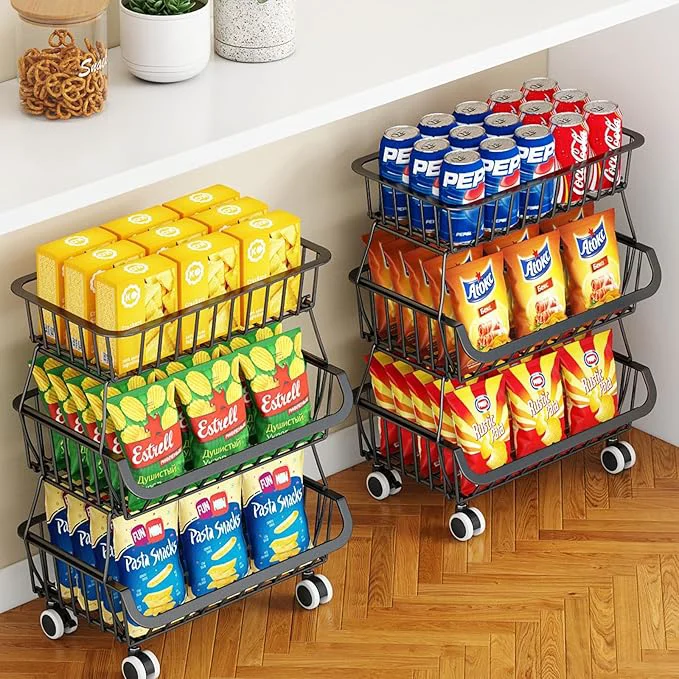 Convenient 3-Tier Rolling Pantry Cart with Wheels Stackable Wire Storage Floor Organizer for Kitchen Pantry Snack Shelves Fruit Basket Stand Vegetable Storage Rack for Food Snacks Onion Potato Black 2 PackAbout ThisOverview Environmentally Friendly