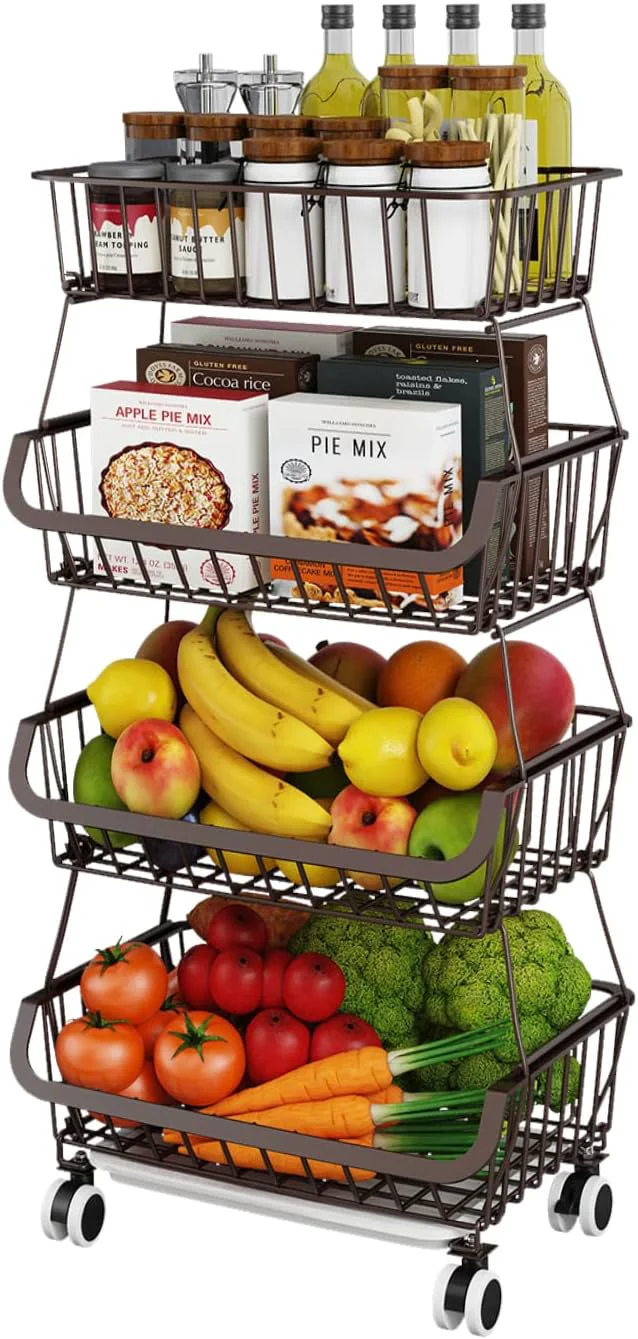 Detailed Miyawell Fruit Vegetable Storage Basket for Kitchen - 4 Tier Stackable Metal Wire Baskets Cart with Rolling Wheels Utility Fruits Rack Produce Snack Organizer Bins for Pantry Bathroom Laundry BronzeAbout ThisOverview Optimized