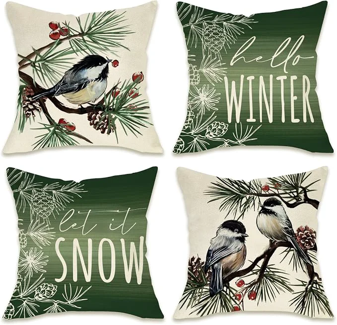 Sophisticated Fahrendom Hello Winter Green Decorative Throw Pillow Covers 18 x 18 Set of 4 Enhanced
