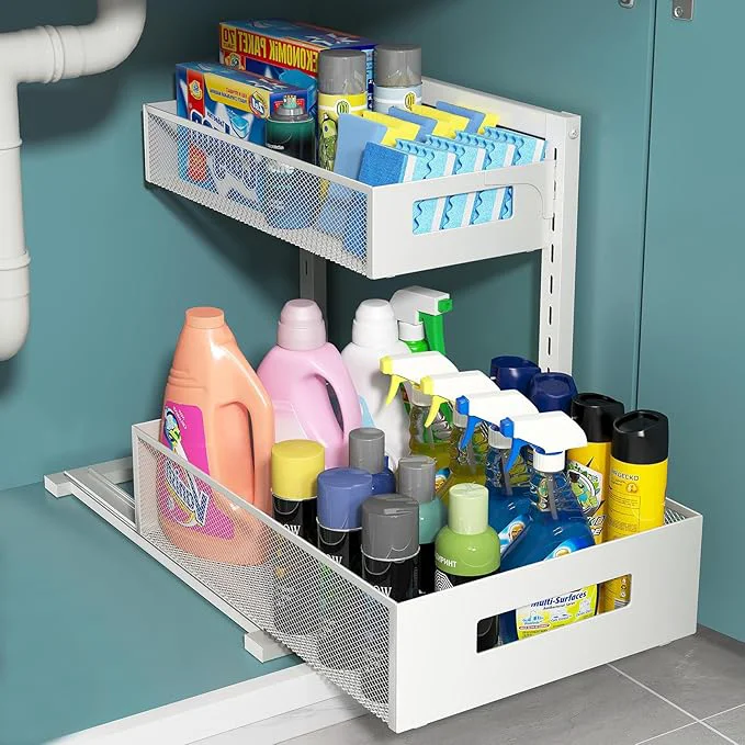 Smooth Pull-out Under Sink Organizer – Height Adjustable Metal Storage for Kitchen Bathroom White Pull-out Under Sink Organizer Contemporary