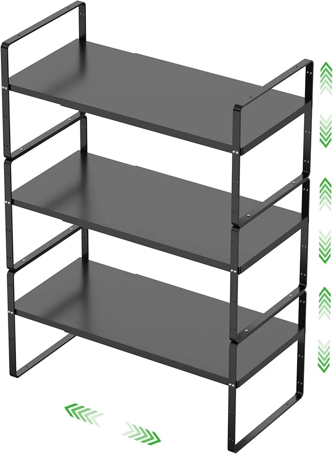 Flexible Expandable Cabinet Storage Shelf Stackable Organizer Rack for Kitchen Bathroom Pantry Spice Cupboard Countertop Home Office Desk Heavy Duty Nonslip Black Small 3 PackAbout ThisOverview High-End