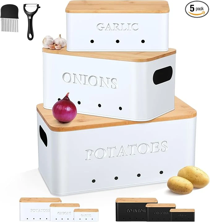 Smart Honeydak 3 PCS Potato Onion Garlic Storage Bins Set Metal Vegetable Keeper Containers with Lids Aerating Holes for Kitchen Counter Pantry Keep Fresh Longer Farmhouse for Sweet-potato Fruit White About ThisOverview Secure