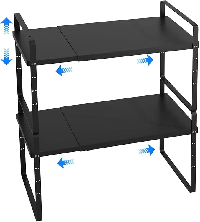Secure Expandable Cabinet Shelf Organizer Stackable Kitchen Pantry Counter Storage Adjustable Closet Cupboard Stand Rack Risers Spice Organization 80LBS Heavy Duty Black Large 2 PackAbout ThisOverview Elegant