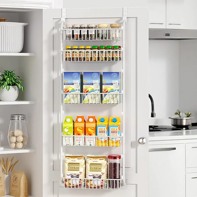 Powerful Delamu Over The Door Pantry Organizer 5-Tier Pantry Door Organizers and Storage with Adjustable Basket Metal Hanging Spice Rack Seasoning Organizer Door Organizer for Home Kitchen Bathroom WhiteAbout ThisOverview Authentic
