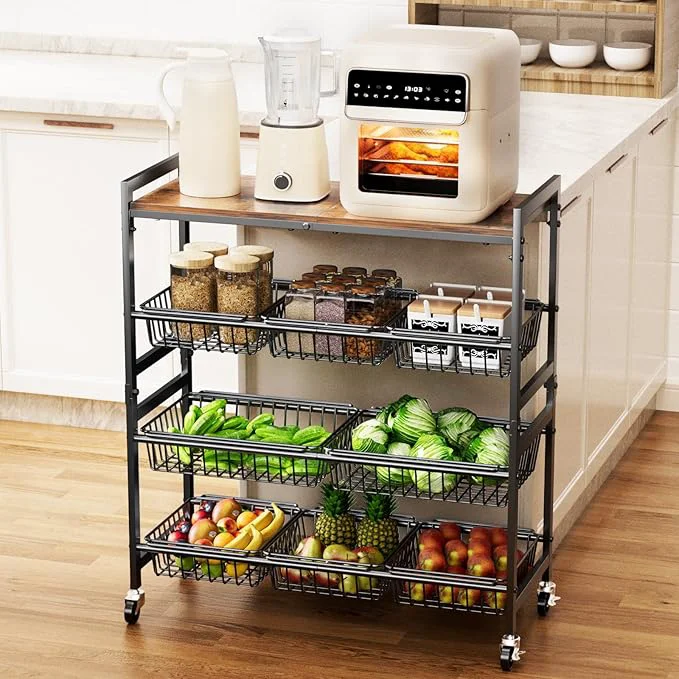 Consistent Cinati 4-Tier Utility Kitchen Cart with Wood Top 29 W Kitchen Storage Cart with 8 Baskets Handle Metal Snack Cart with Wheels Adjustable Pantry Organizer and Storage Cart for Fruit VegetablesAbout ThisOverview Top-Quality