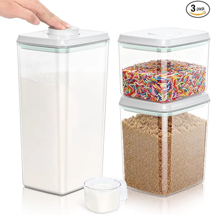 Effective TBMax Flour Sugar Storage Container 3Pack 1.26 2.11 3.48 Quart Airtight Food Storage Containers with Pop Up Lid Measuring Scoop for Kitchen Pantry OrganizationAbout ThisOverview Premium