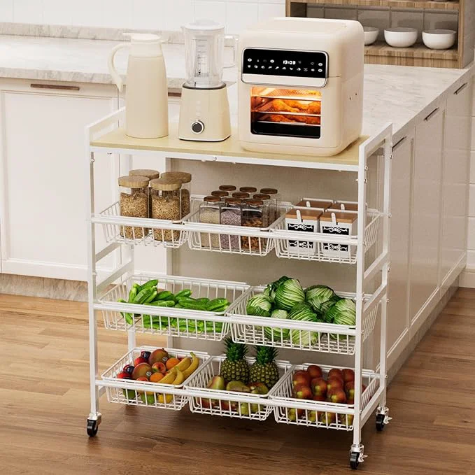 Top-Quality Cinati 4-Tier Utility Kitchen Cart with Wood Top 29 W Kitchen Storage Cart with 8 Baskets Handle Metal Snack Cart with Wheels Adjustable Pantry Organizer and Storage Cart for Fruit VegetablesAbout ThisOverview Pure