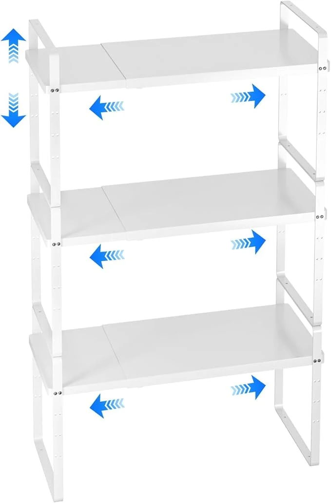 Reusable Expandable Cabinet Shelf Organizer Stackable Kitchen Pantry Counter Storage Adjustable Closet Cupboard Stand Rack Risers Spice Organization 80LBS Heavy Duty White 3 PackAbout ThisOverview Top-Quality