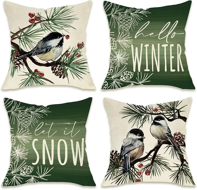 Exclusive Fahrendom Hello Winter Green Decorative Throw Pillow Covers 20 x 20 Set of 4 Effective