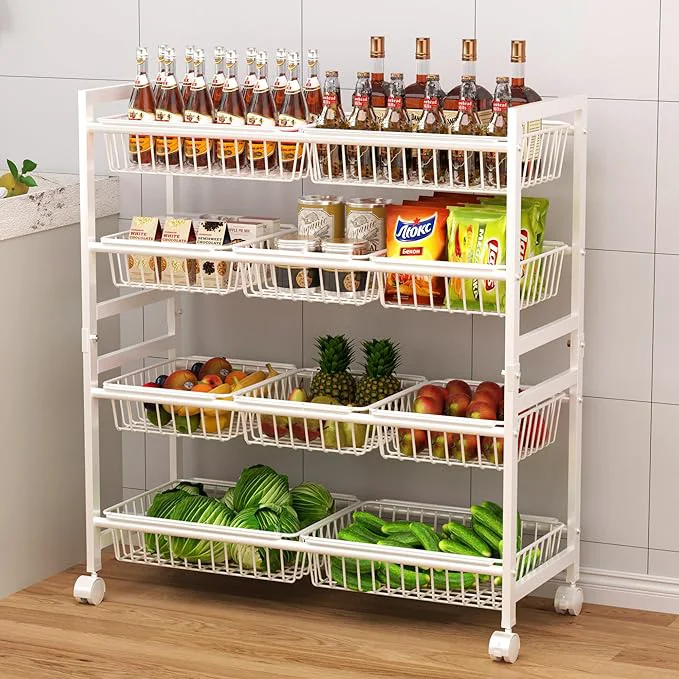 Responsible Cinati 4-Tier Snack Cart with Wheels 29''W Toy Storage Organizer Rolling Pantry Storage Cart with 10 Wire Baskets Handle Adjustable Metal Snack Rack Kitchen Organizer for Fruit Vegetables White About ThisOverview Versatile