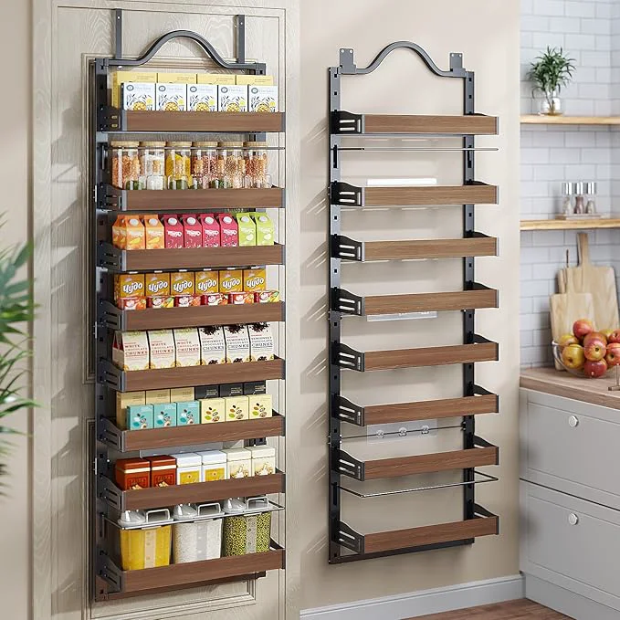 Premium 8-Tier Spice Rack Wall Mount Heavy-Duty Over the Door Pantry Organizer with Wooden Adjustable Basket 2 IN 1 Wall Mount or Hanging Pantry Door Organizer Door Spice Rack for Pantry BlackAbout ThisOverview Solid