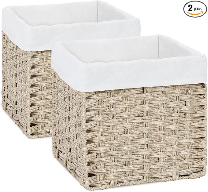 Quality Bidtakay Wicker Baskets for Shelves Waterproof Imitation Wicker Cube Storage Bins with Liners for Organizing Closet Cabinet 2-Pack 11x11 inch Storage Cube Organizer for Pantry-Greyish BeigeAbout ThisOverview Reliable