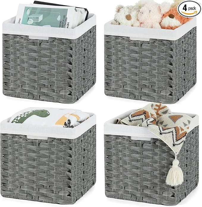 Comfortable Bidtakay Wicker Storage Baskets for Organizing 4-Pack Hand-Woven Imitation Dark Grey Wicker Cube Storage Bins with Liners for Shelves Closet Cabinet 11x11 Waterproof Cube Organizer for PantryAbout ThisOverview Dependable