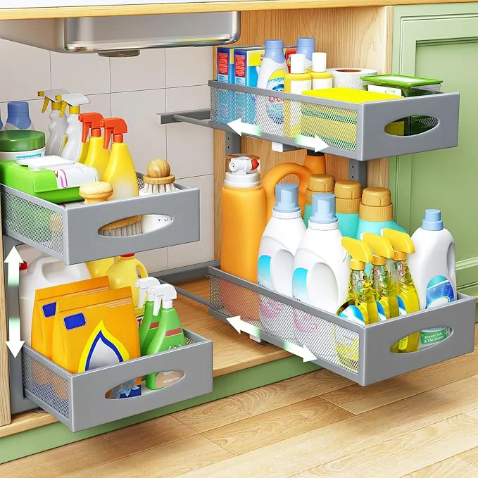 Fashionable 2 Pack Under Sink Organizer 2 Tier Pull out Cabinet Organizer Mesh Baskets with 5 Adjustable Heights Sliding Drawers Storage Shelf for Home Kitchen Bathroom Pantry Office Countertop GreyAbout ThisOverview Lightweight