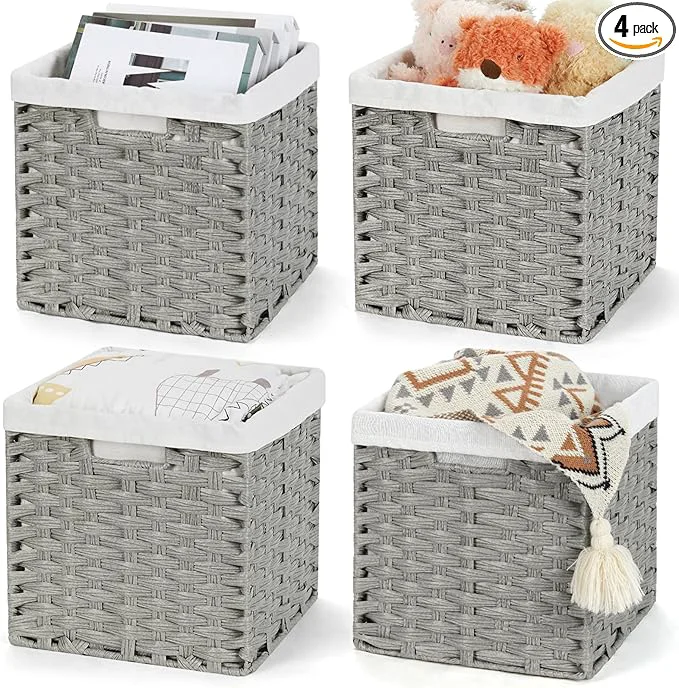 Comfortable Bidtakay Wicker Cube Baskets with Liners Cube Storage Organizer for Shelves Closet 11 inch 4 Pack Decorative Hand-Woven Imitation Wicker Storage Bins for Organizing Pantry Bedroom Light GreyAbout ThisOverview Original Design