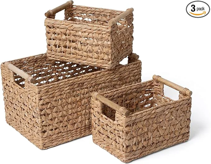 Trendy RGI Home Water Hyacinth Storage Baskets - Set of 3 Woven Decorative Baskets Multi-size Organizers for Household Storage Home Office Pantry Kitchen Laundry with Handles Wood Accents NaturalAbout ThisOverview Genuine