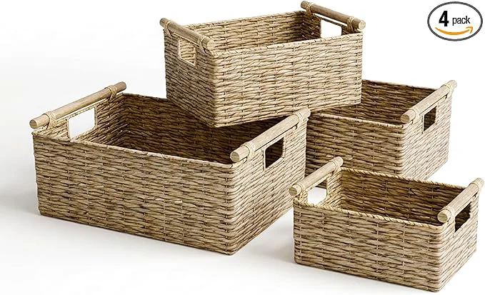 Organic RGI Home Water Hyacinth Storage Baskets - Set of 4 Woven Decorative Baskets Multi-size Organizers for Household Storage Home Office Pantry Kitchen Laundry with Handles Wood Accents NaturalAbout ThisOverview Prestigious