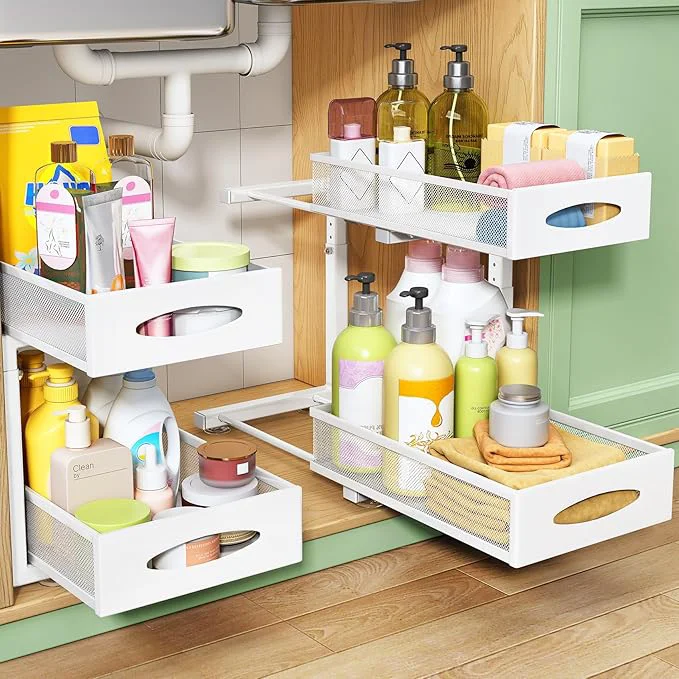 Refined Under Sink Organizer 2 Pack 2 Tier Pull out Cabinet Organizer Baskets with Mesh Sliding Drawers Slide out Sink Storage Shelves for Kitchen Bathroom Pantry Cabinet Organizers and Storage White About ThisOverview Carefully Designed