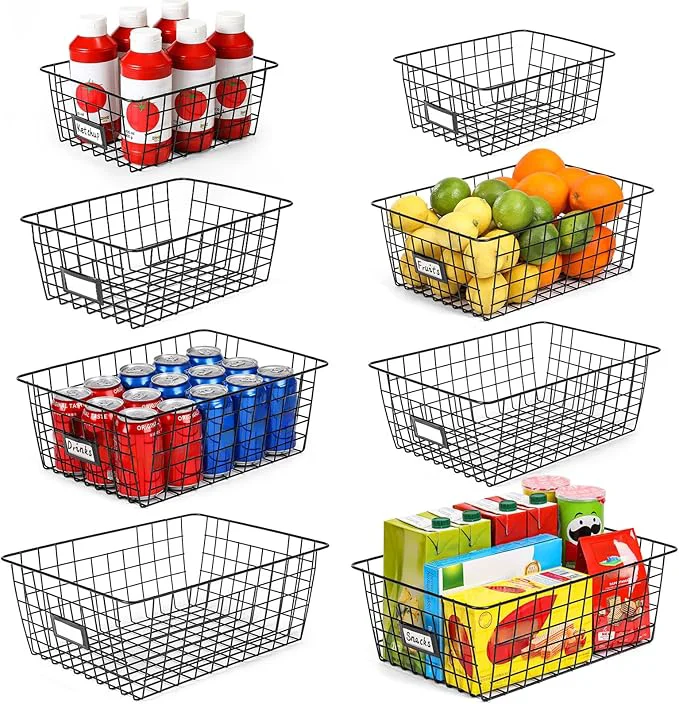 High-Grade 8 Set Extra Large Wire Baskets for Organizing with Lables Cabinet Pantry Organization and Storage Bins - Metal Basket for Kitchen Laundry Garage Fridge Bathroom Countertop Organizer BlackAbout ThisOverview Natural