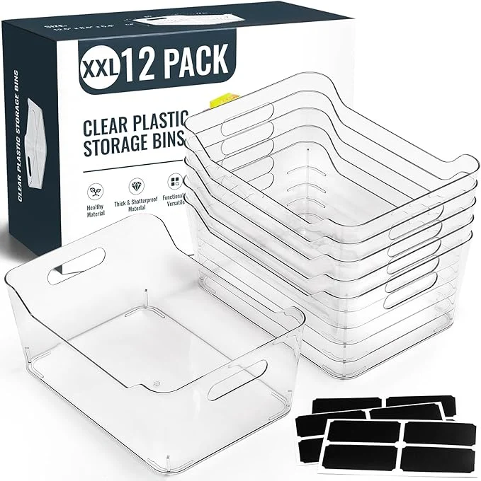 Dependable 12 PACK Multi-Use Clear Plastic Storage Bins for Organizing w Labels - Home Kitchen Pantry Bathroom Office Cabinet Shelf Organizer Bins - SOHO Collection RV Fridge Organization Containers -XXLAbout ThisOverview Versatile